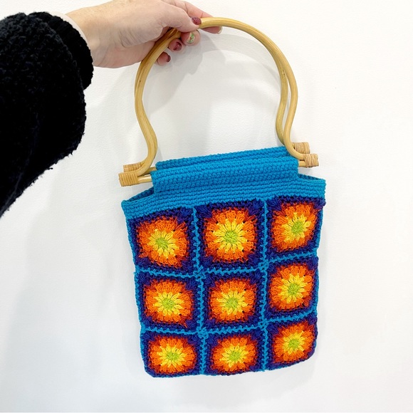 Crochet rainbow granny square bamboo purse turquoise Festival Bag - Picture 3 of 7